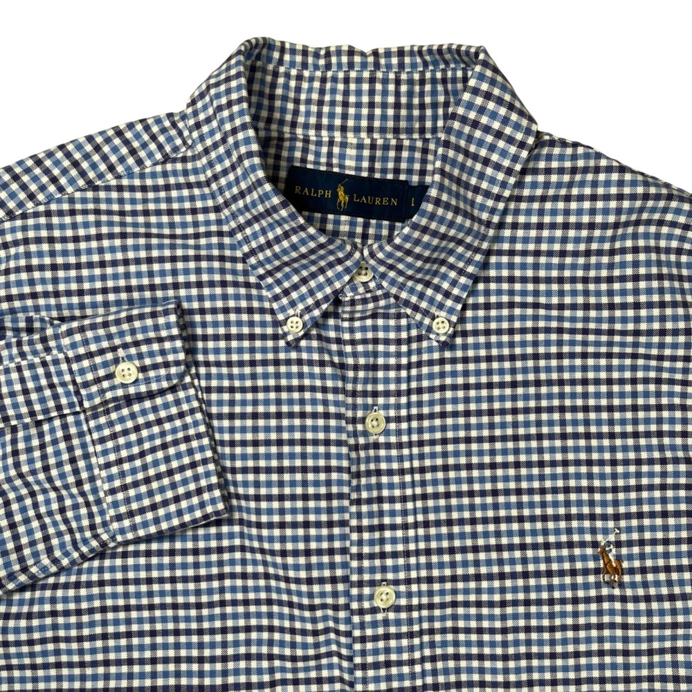 Ralph Lauren Button Down Shirt Men Large Blue White Gingham Long Sleeve Pony